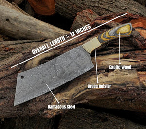 Custom Handmade Damascus Steel Chef Cleaver Knife 12" Full Tang Fixed Blade Ambidextrous Kitchen Chopper Exotic Wood Brass - Product Image 5