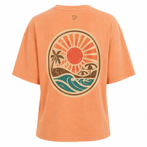 T-shirt col rond orange pour femme, motif vague solaire, coupe ample, décontracté, manches courtes, 100 % coton jersey respirant 240 GSM, printemps - Product Image 2