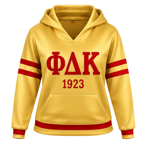 Sudadera con Capucha PDK Dorada y Roja para Mujer, Modelo 1923, con Capucha, Mangas con Rayas y Letras en Bloque, Diseño Gráfico Frontal - Product Image 3