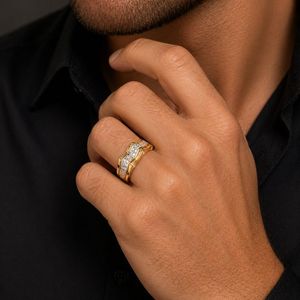 Solid 18K <b>Gold</b> Mens Diamond Band <b>Ring</b> Multi Row Micro Pave Center Strip Geometric High Polish Classic Wedding Party Daily Wear - Product Image 5