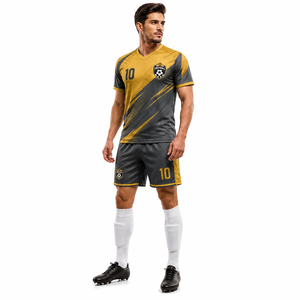 Ensemble de maillots de football personnalisés par sublimation pour hommes, uniforme de football à manches courtes, maillot et short d'équipe, noir et or, respirant, séchage rapide - Product Image 4