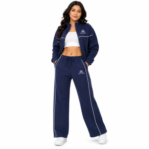Ensemble de survêtement 2 pièces bleu marine uni à capuche pour femme, personnalisable avec logo, en polyester/coton, veste de sport athlétique pour tous - Product Image 1