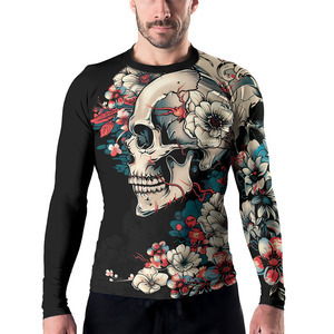 Men Long Sleeve Compression Rash Guard <b>Skull</b> Floral Print Quick Dry Polyester BJJ Shirt Full Sleeve Sublimation Rash Guard - Product Image 5