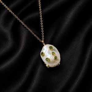 Handmade Freshwater Pearl Pendant <b>Necklace</b> With Green CZ Accent Handmade Gold Plated Baroque Pearl Jewelry Gift for Women - Product Image 1