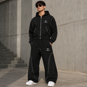 Rhinestone Hoodie and Wide Leg <b>Sweatpants</b> <b>Set</b> Unisex Zip up Tracksuit Streetwear Jogger <b>Set</b> 100% Cotton Winter Customized Logo - Product Image 1