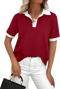 Camiseta Polo de Mujer, Color Crema, con Bloques de Color, Manga Corta, Tejida, Casual, Largo Regular, 100% Algodón, Transpirable, Estilo Polo, ODM - Product Image 3