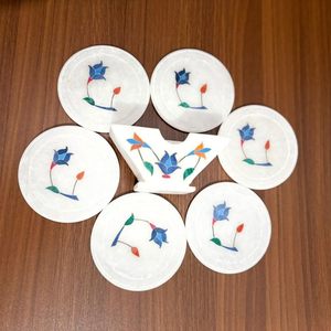 White Marble <b>Coaster</b> <b>Set</b> of 6 with Holder Decoration & Accessories Marble Tea <b>Coaster</b> for Office Table from Indian Supplier - Product Image 5