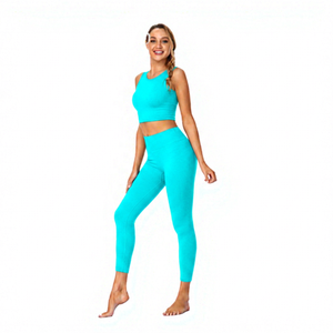 Women 2 Piece Yoga Set High Waisted Full Length Leggings Solid Color Racerback Sleeveless <b>Lace</b> <b>Elastic</b> Waist Front Workout Wear - Product Image 3