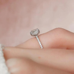 Moissanite Halo Engagement <b>Ring</b> Emeral Cut Wedding Band White Gold Color Plated Jewelry for Women - Product Image 5