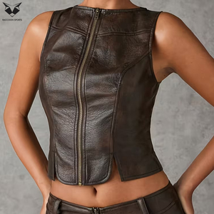 Ensemble deux pièces en cuir PU vintage sans manches, durable, léger, personnalisé, nouvelle arrivée, pour femmes, tenue de club, prix de gros - Product Image 2