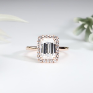 Anillo de compromiso de oro rosa con corte esmeralda, cultivado en laboratorio, clásico, con pavé, halo, solitario, banda de boda, joyería fina nupcial, regalo para mujer, fiesta - Product Image 1