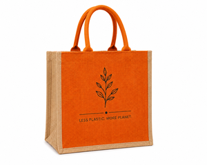 Orange Recycled Jute Shopping <b>Bag</b> with Leaf Design Silk Screen <b>Medium</b> <b>Size</b> Hand Carry Wedding Grocery Tote - Product Image 1