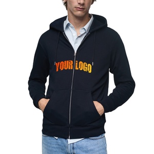 Sudadera con Capucha Azul Marino para Hombre, Cierre de Cremallera, Corte Holgado, Tejido de Algodón, Estilo Casual, Logotipo Frontal Impreso, Estilo Otoñal, Bordado 3D - Product Image 4