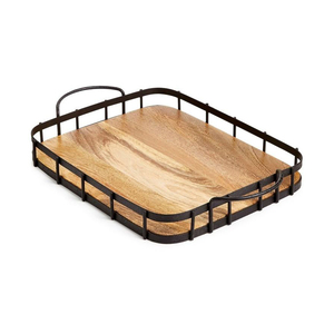 Wooden <b>Tray</b> With Industrial <b>Black</b> Metal Handles Suitable For Rustic Table Decor Breakfast Hosting And Events - Product Image 2