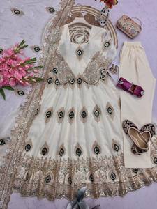 White Peacock Embroidered Silk Anarkali Suit With Dupatta Floor-Length Traditional Wedding Gown For Women India Pakistan Style - Product Image 4