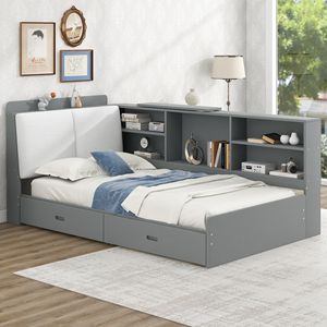 Letto a piattaforma in legno grigio, misura twin, con testiera contenitore, ripiani e 2 cassetti - Product Image 3