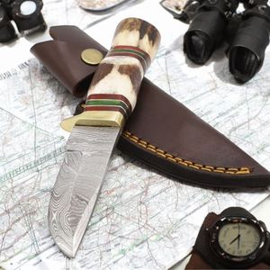 Cuchillos de Caza Resistentes de Damasco con Hoja Fija Afilada, Empuñadura de Madera Cómoda y Funda de Cuero Marrón Duradera para Camping - Product Image 1