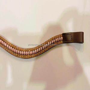พรีเมี่ยม3แถวที่กำหนดเองคริสตัลสีทองและมุกสีชมพูรวมโซ่ Bling หนังสีดำหรือสีน้ำตาลม้าคิ้ววงสำหรับบังเหียน - Product Image 3