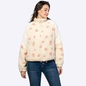 Women's Floral Print <b>Quilted</b> Fleece <b>Jacket</b> Zip Up Stand Collar Winter Coat Short Length Full Sleeve Thick Warm - Product Image 3
