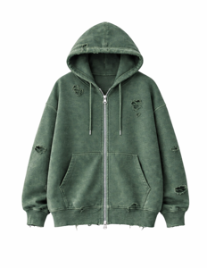 Sweat à capuche unisexe en polaire vert délavé et déchiré, coupe oversize, avec poches, 100 % coton, séchage rapide et anti-plis - Product Image 2