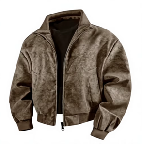 Men s Brown <b>Suede</b> Bomber <b>Jacket</b> Stand Collar Zipper Closure Casual Style Autumn Wear Regular Fit Solid Color Woven Fabric - Product Image 4
