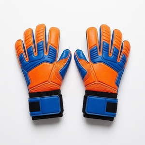 Football Goalkeeper <b>Gloves</b> Orange Blue Leather Full Finger Non-Slip Breathable Adjustable Wrist Strap Unisex - Product Image 1