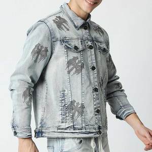Fashion Streetwear Ripped Oversized Mens <b>Stand</b> Eco-Friendly Garment Dyed Denim Jacket Printed Distressed Bulk High Quality - Product Image 3