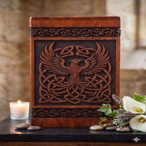 Handcrafted Wooden Cremation Urn Brown Rectangular Memorial <b>Keepsake</b> <b>Box</b> Engraved Phoenix Design for Adult Commemoration - Product Image 4