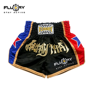 Pantalones cortos de muay thai Fluory Boxing, azules y rojos con estrellas, personalizados. - Product Image 4