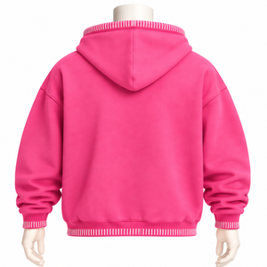เสื้อฮู้ดดี้สีชมพูสด แต่งขอบเย็บแบบดิสเทรส ทรงโอเวอร์ไซส์ พร้อมกระเป๋าจิงโจ้ ตัดเย็บด้วยด้ายตัดสี สไตล์สตรีทแวร์ลำลอง - Product Image 2