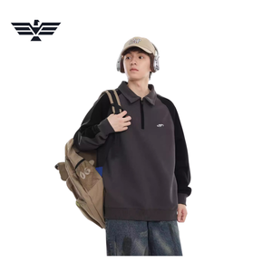 Sudadera de poliéster para hombre, negra, con bloques de color, manga raglán, media cremallera, antiarrugas, corte holgado informal, cuello vuelto, tipo jersey - Product Image 5