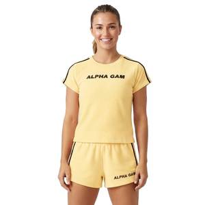 Ensemble 2 pièces en tissu éponge rose pour femme Alpha Gam, t-shirt à manches courtes et col rond, short au-dessus du genou, tenue décontractée pour le printemps et l'été - Product Image 5