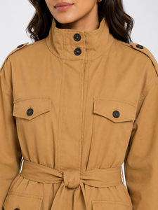 Abrigo Trench Utilitario Camel para Mujer, Cuello Alto, Manga Larga, Cinturón, Cortavientos, Color Sólido, Cierre con Botones - Product Image 4