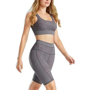 Gray Racerback <b>Crop</b> <b>Top</b> High Waist Bike Shorts 2 Piece Yoga Set Seamless <b>Mesh</b> Spandex Polyester Workout Wear - Product Image 1