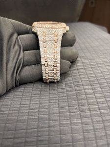 Luxury Full Iced Out Diamond Pave Round Mechanical Men's Watch Stainless Steel Band White Crystal Dial <b>Red</b> Markers - Product Image 2