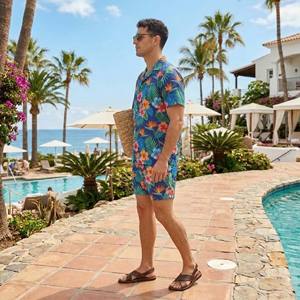 Ensemble 2 pièces personnalisé pour homme, été, imprimé floral hawaïen, chemise à col camp et short de plage assortis, tenues de resort - Product Image 6