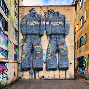 Custom Applique Embroidery Logo Unisex Embroidery Patch Acid Wash Winter <b>Jacket</b> <b>Denim</b> Jeans Set Streetwear 100% Cotton Tracksuit - Product Image 5