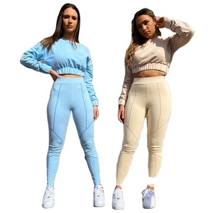 Leggings et haut de survêtement en tissu personnalisé pour femme, à manches longues, col ras du cou, sweat-shirt, ensemble de vêtements de sport, dernière mode - Product Image 1
