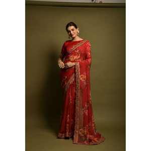 NUEVO SAREE GEORGETTE CON ESTAMPADO FLORAL Y LENCERÍA DE LENTEJUELAS CON BLUSA SIN COSTURAR COLOR MARRÓN - Product Image 1