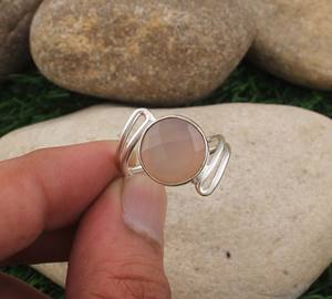 Bague en argent sterling 925 avec disque en quartz rose naturel, à double anneau, pour femme, bijoux de mariage géométriques artisanaux, vente en gros - Product Image 2