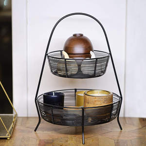 Vaisselle panier de rangement fruits et de rangement, panier à sol noir en métal à 2 niveaux, vaisselle de cuisine décorative, bols ronds noirs - Product Image 2