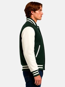 Veste de sport verte pour homme, couleur unie, fermeture à boutons, coupe classique, col rabattu, laine et polyester, style preppy d'automne - Product Image 2