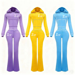 Ensemble de survêtement 2 pièces pour femme en tricot gaufré personnalisé pour l'hiver, avec veste à capuche zippée à manches longues et pantalon évasé à jambes larges, 100 % coton - Product Image 1