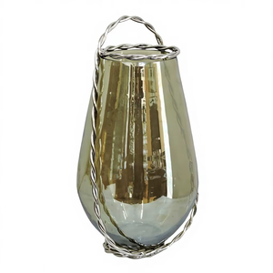 Vintage Green Glass Hanging Bud Vase with Twisted <b>Silver</b> <b>Wire</b> Handle - Elegant Tapered Decorative Flower Holder - Product Image 1