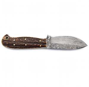 Couteau utilitaire artisanal en acier Damas à motifs, manche en corne de cerf texturée, qualité DIY, personnalisable OEM, pièce d'exposition compacte - Product Image 6