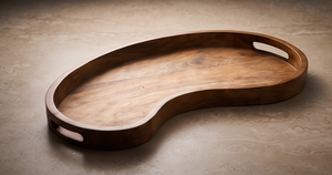 Planche de service artisanale en bois de manguier en forme de rein, plateau décoratif asymétrique moderne avec finition teintée lisse et poignées - Product Image 4