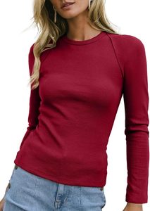 Camisetas de Manga Larga para Mujer, Color Sólido, Cuello Redondo, Tejido de Punto, Corte Ajustado, Casual, para Todas las Temporadas, Hechas a Medida, ODM - Product Image 3