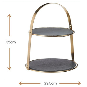Modern Two-Tier <b>Cake</b> <b>Stand</b> With Round Dark Slate Platters Sleek Gold Metal Frame An Arching Top Carrying Handle Decorative item - Product Image 2