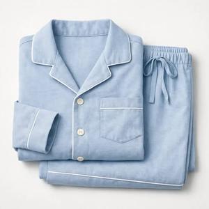 Ensemble de pyjama décontracté en flanelle bleu clair pour homme, chemise à manches longues boutonnée et pantalon de détente à cordon de serrage, vêtements de nuit - Product Image 1