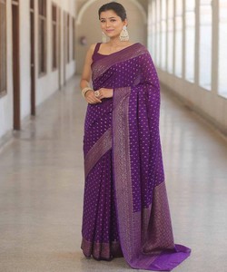 Purple Silk Saree With Embroidered Border Traditional Indian Wedding Wear For Women <b>Floor</b> Length Regular Fit All Seasons - Product Image 1